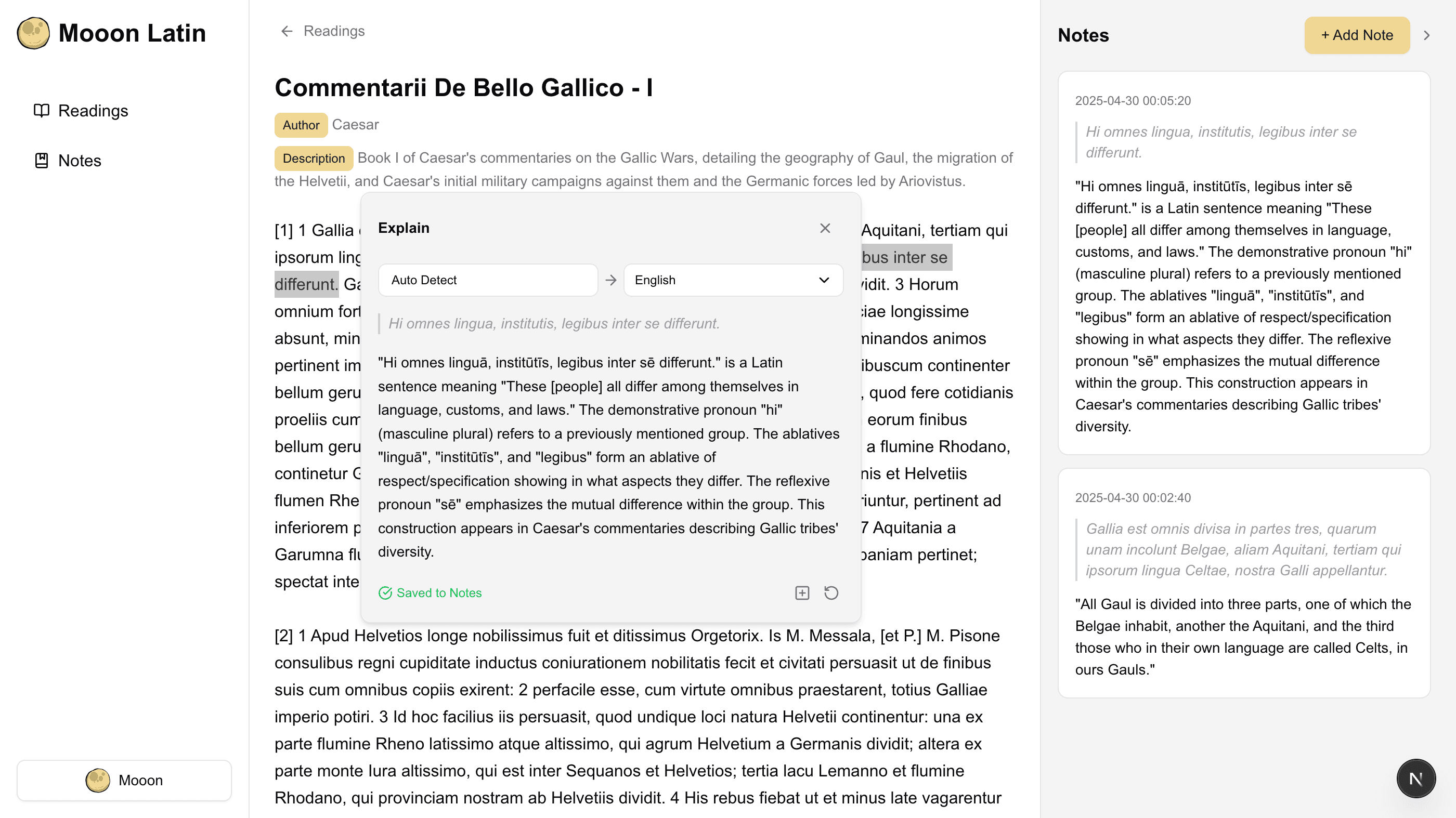 Screenshot of notes system